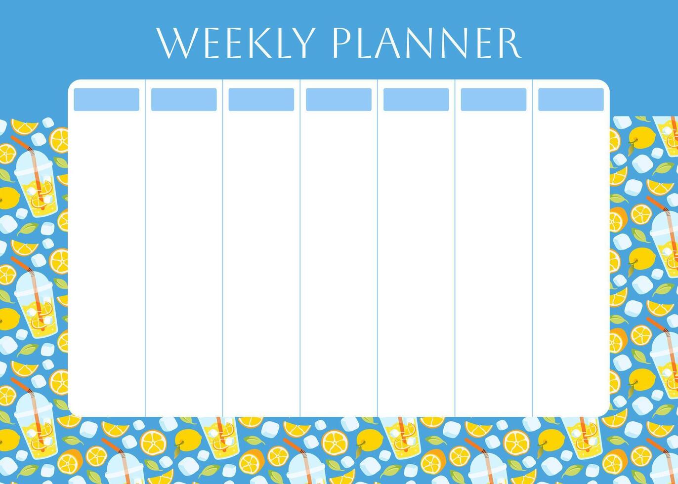 Weekly planner with lemons lemonade pattern. Citrus fruits, ice cube and foliage on blue background. Lifestyle planner for 7 days. Schedule design template. flat illustration vector