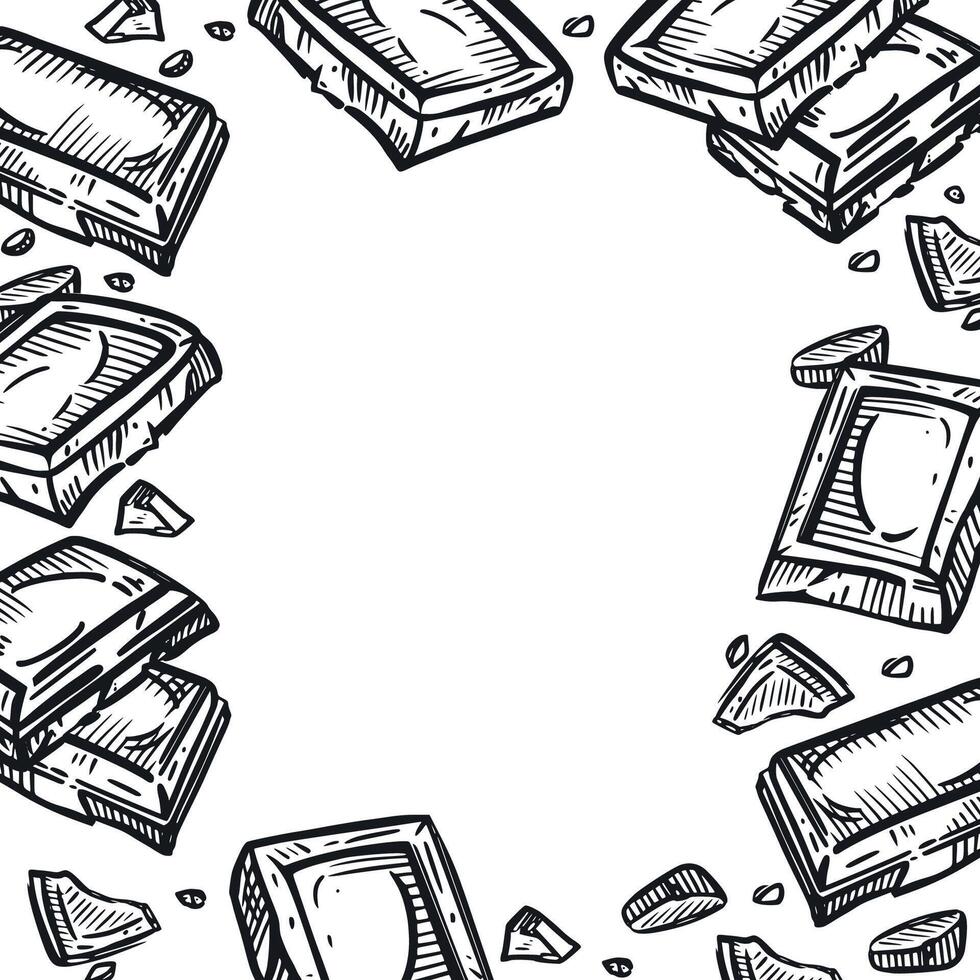 Frame of chocolate bar, chocolate pieces, crumbs, all objects are hand drawn in in gray color. illustration. Suitable for printing on fabric, paper, food and cosmetic packaging vector