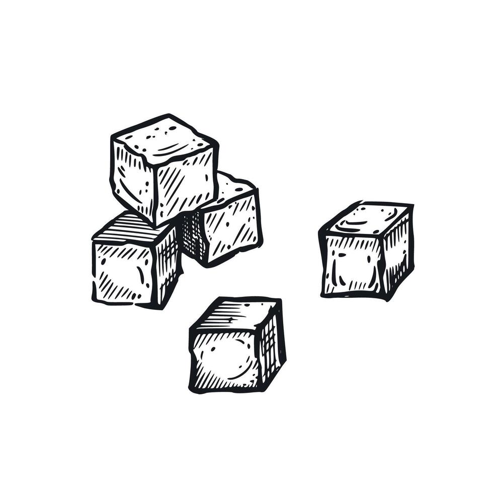 Lump sugar, pieces of white sugar, hand drawn in in gray. Set of illustrations. Perfect for printing on food packaging, product packaging, fabric vector