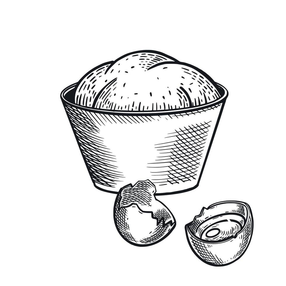 Making dough, baking, bowl with ready dough and cracked chicken egg, all objects are hand drawn in in gray color. illustration of cooking. For printing on fabric, paper vector