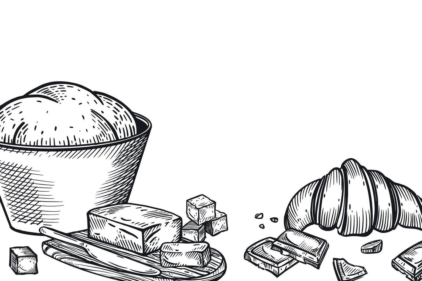 Cooking, the process of cooking, baking, bowl of dough, butter, sugar, croissant, chocolate. All objects are hand-drawn with ink. The illustration is suitable for printing in stores, food packaging vector