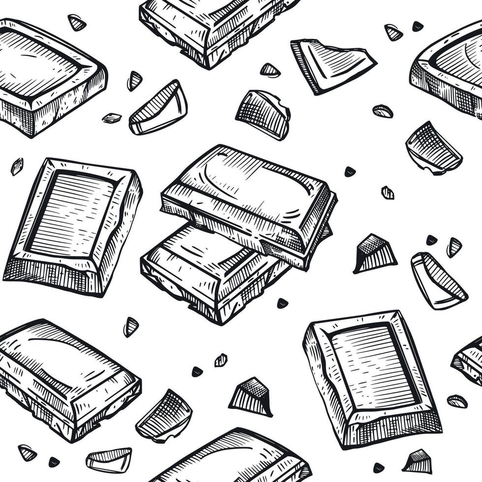 Chocolate, chocolate slices and pieces, chocolate bar, all objects are hand drawn in in dark gray. Seamless pattern. Suitable for printing on fabric, paper, for packaging goods vector