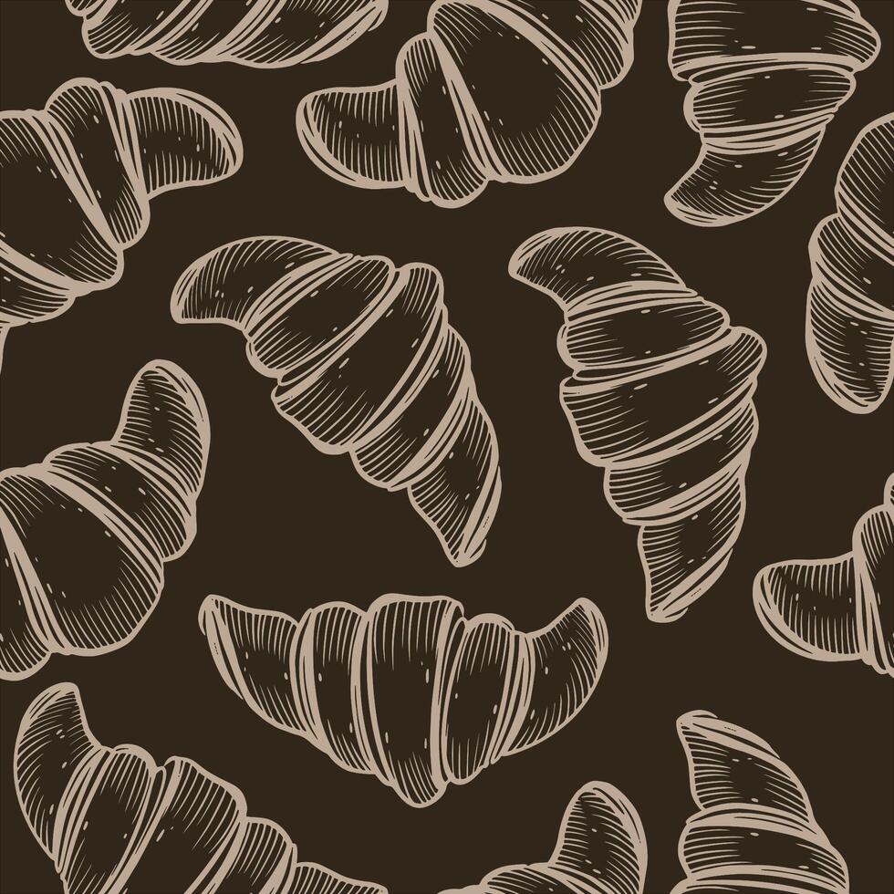 Seamless pattern. Croissants drawn in on a dark background by hand. The illustration is suitable for packaging design, bakery decoration, pastry shops, for printing on fabric and paper vector