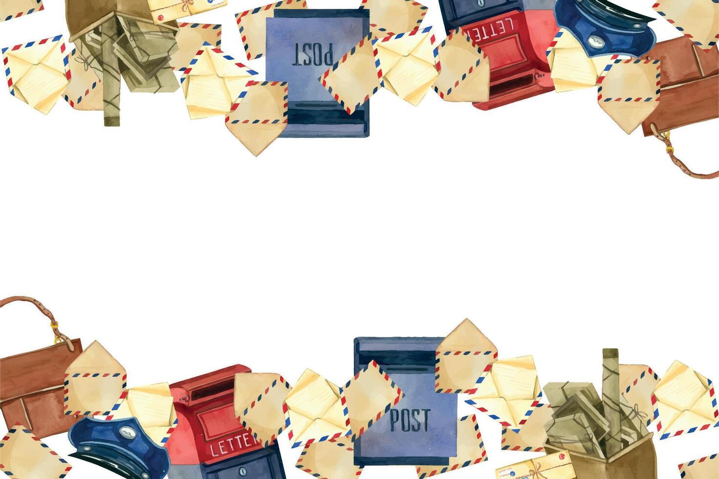 Rectangular frame for Post Day, letters, envelopes, mailboxes, postman bags. All objects are hand-painted with watercolors. Suitable for printing on fabric, paper, postcards, post office goods vector