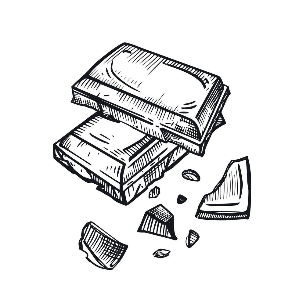 Pieces of chocolate, crumbs from a chocolate bar, hand-drawn in in gray. illustration of sweets. Suitable for printing on product packaging, designing a menu in a pastry shop vector