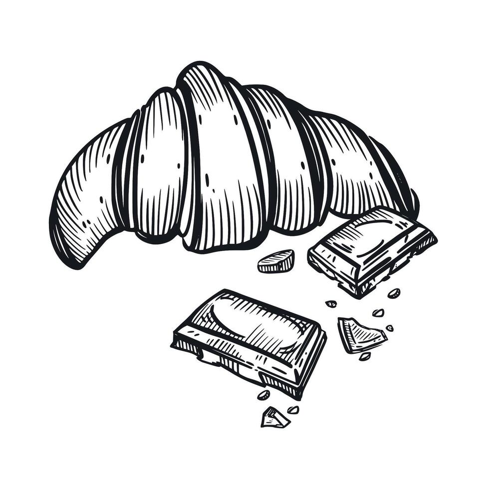 French croissant with chocolate slices and crumbs, hand drawn in in dark gray. illustration of sweets. Suitable for printing on food packaging, paper, fabric vector