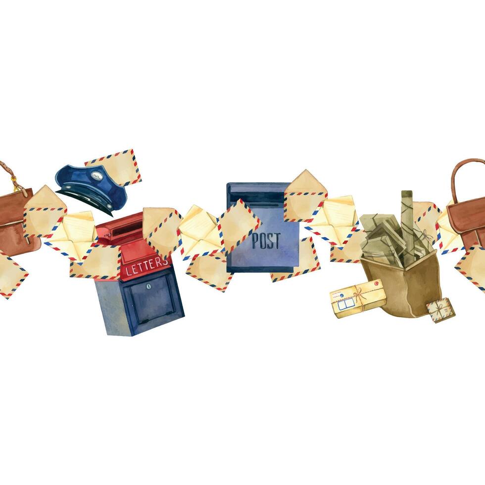 Seamless border of letters, mailboxes, postman's bag, postman's cap, parcels. All objects are hand-drawn with watercolors. Suitable for printing on fabric, paper, postcards, product packaging vector