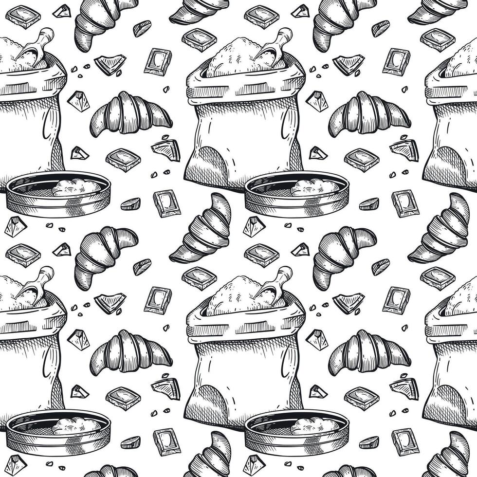 Seamless pattern on the theme of cooking, baking. A bag of flour, a sieve, croissants, pieces of chocolate. All objects are hand-drawn with ink. For printing on paper, bakery design vector