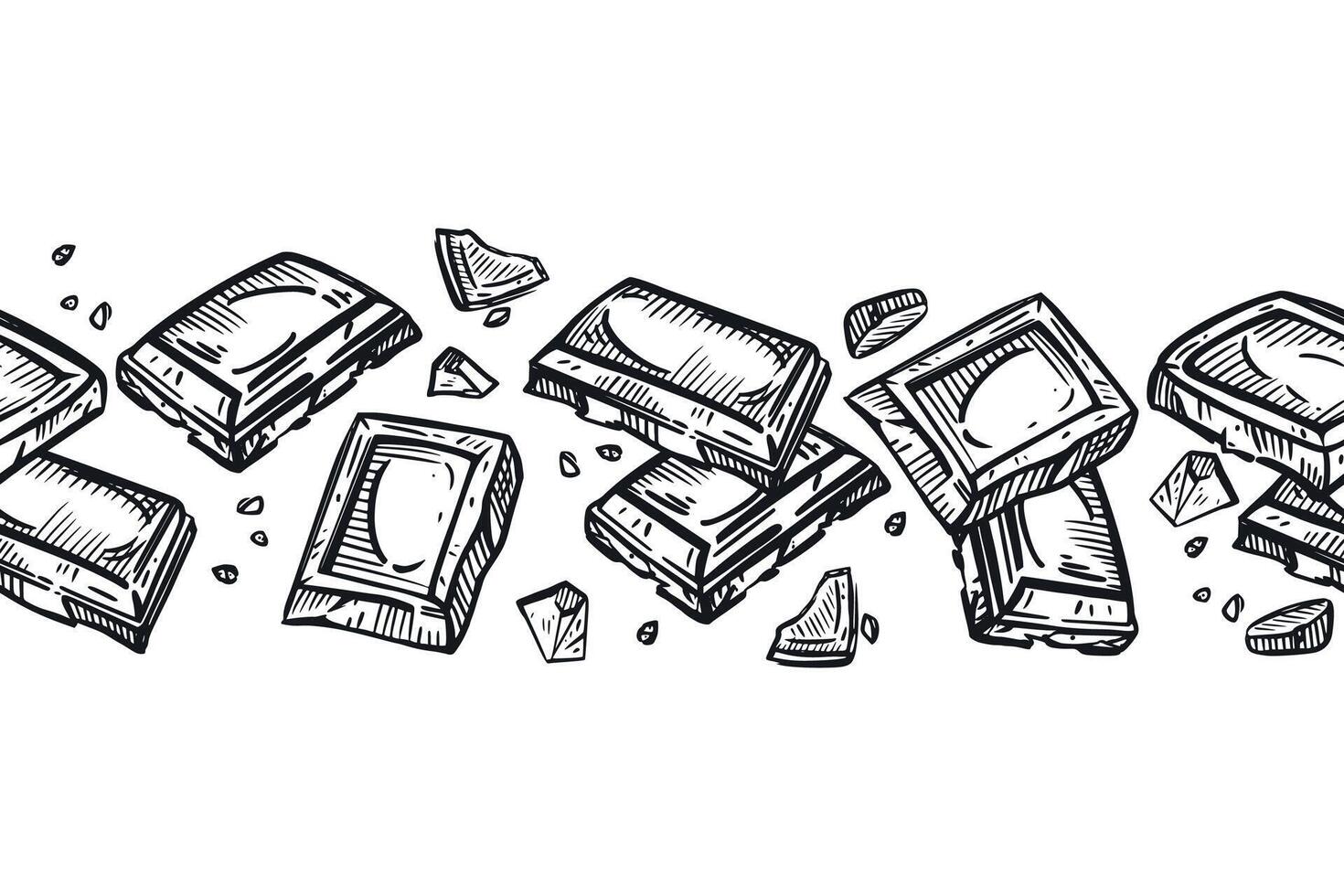 Chocolate-themed seamless border, chocolate pieces, chocolate bar, all objects hand-drawn in ink on a white background. illustration. For packaging design of chocolate, confectionery and food vector