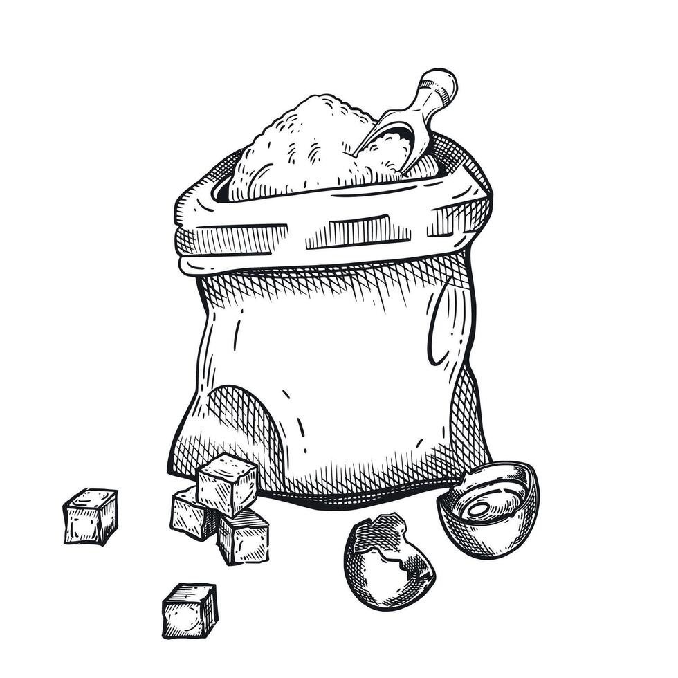 Bag of flour, lump sugar, broken chicken egg, scoop for pouring flour, all objects are hand drawn in . composition of dough preparation. Suitable for printing on paper vector