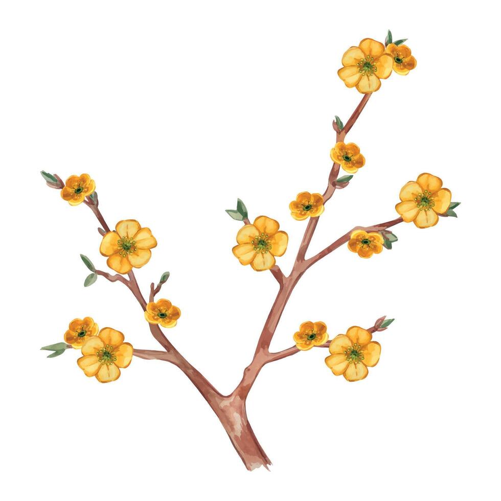 Blooming fantasy tree with yellow flowers, all objects are hand-painted with watercolor and isolated on a white background. Watercolor illustration. Suitable for printing on fabric, paper, cards vector