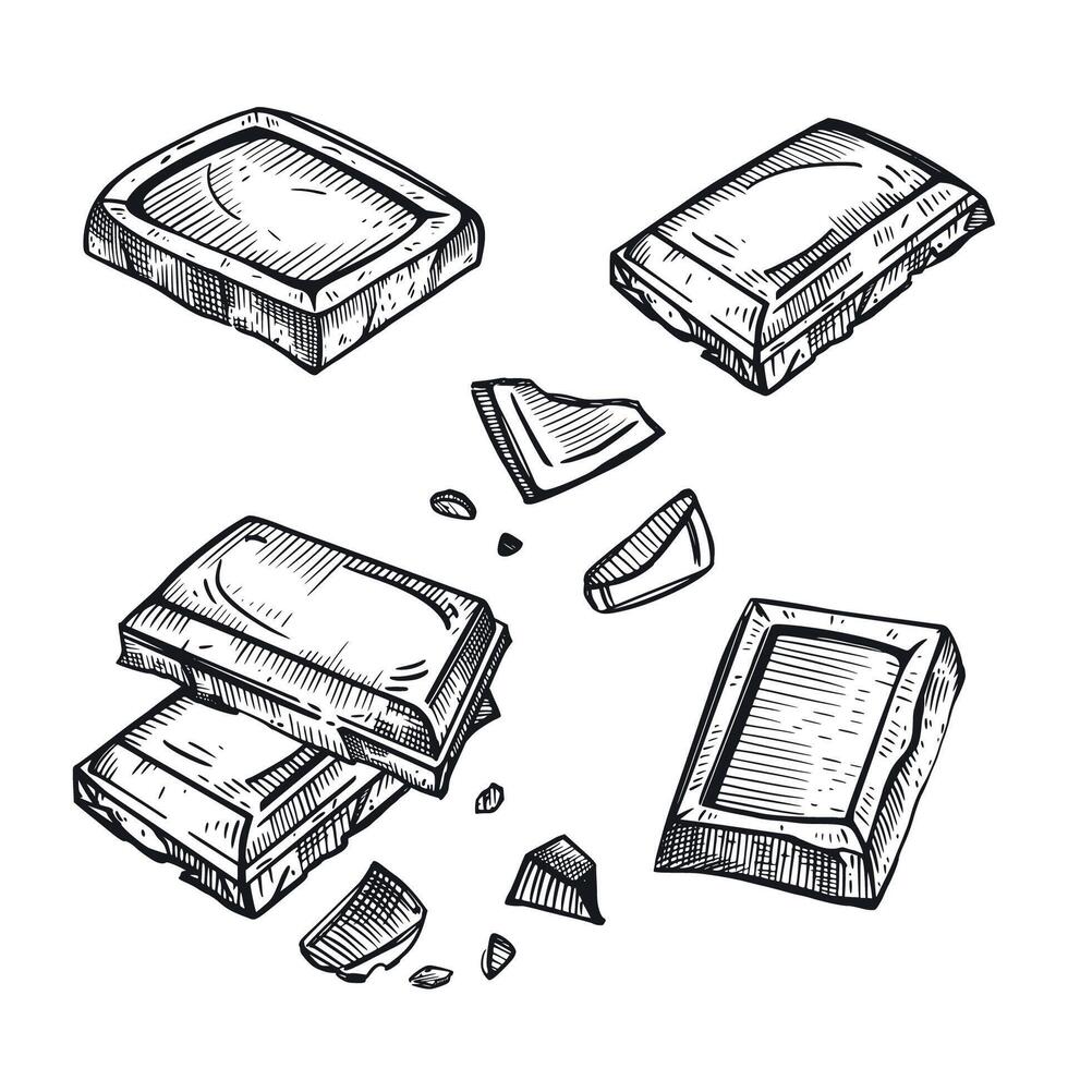Set of illustrations. Chocolate bar, chocolate pieces and slices, crumbs, all objects are hand drawn in in dark gray. Suitable for printing on fabric, packaging of goods, products vector