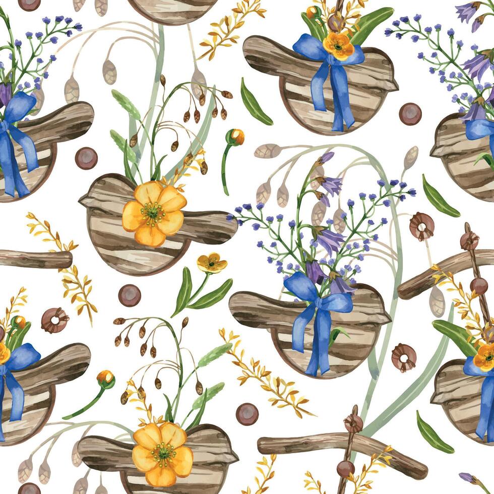 Meadow flowers and grasses, decorative pendants in the form of a bird, buttercups, timothy grass, wooden beads, leaves. All objects are hand-painted with watercolors. For printing on fabric, paper vector