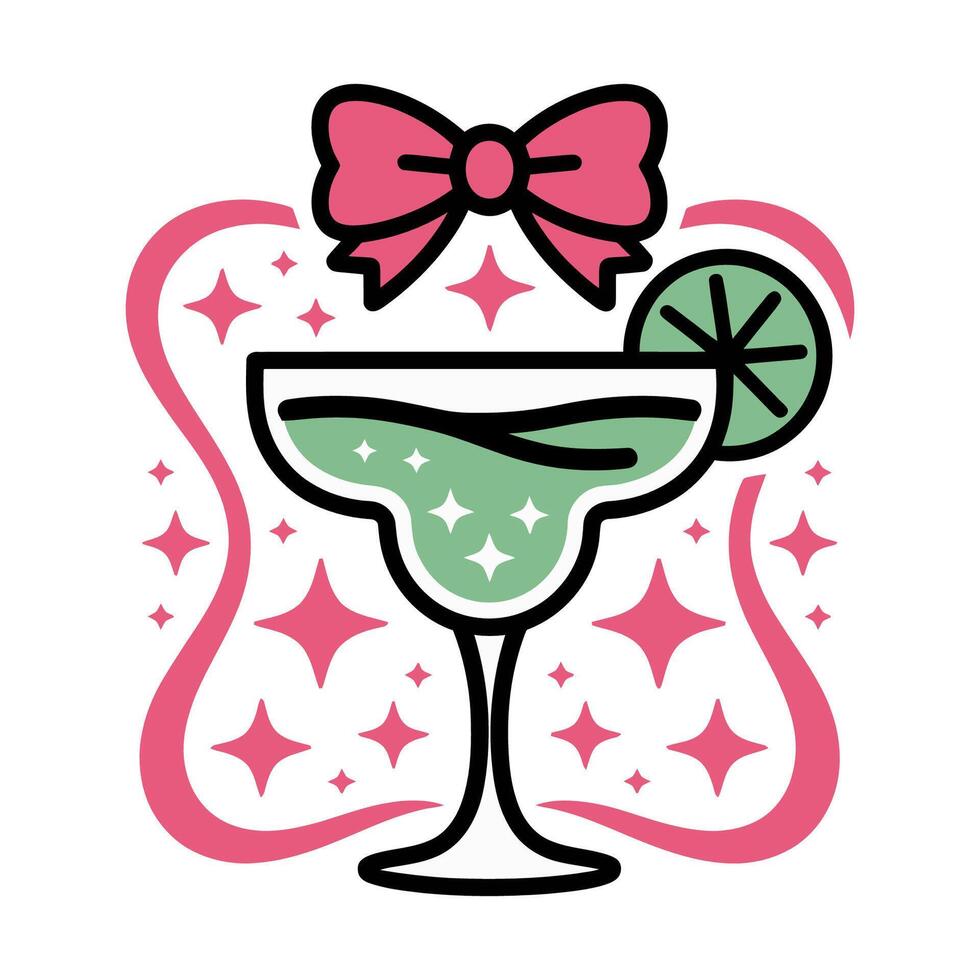 Cute Cocktail Glass with Bow and Sparkles Illustration vector