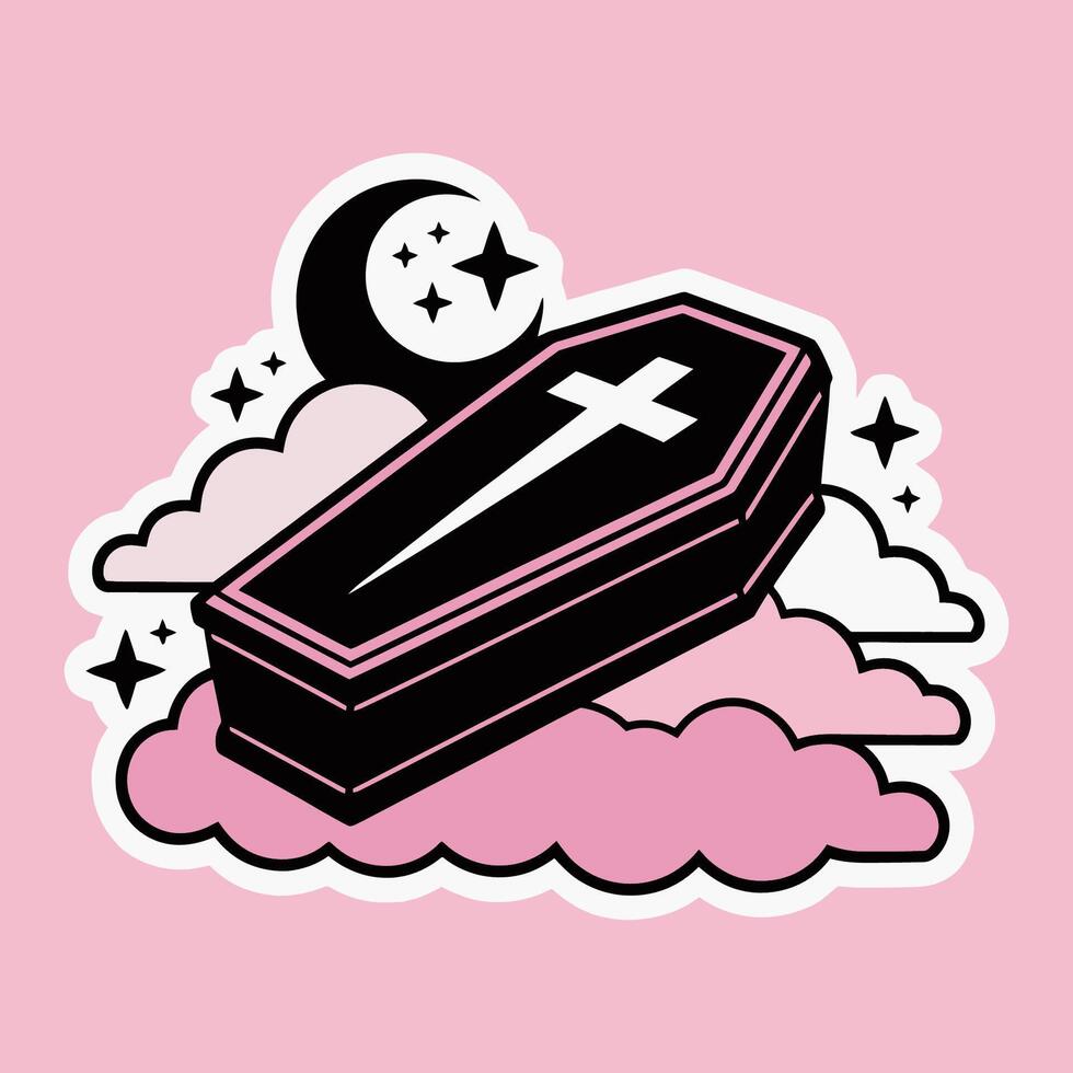 Gothic Coffin on Pink Clouds with Moon and Stars Illustration vector