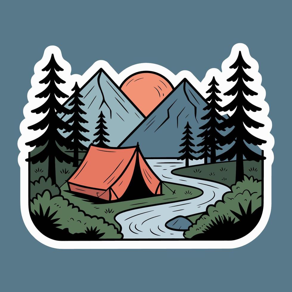 Camping Tent in Mountain Forest with River and Sunset Illustration vector