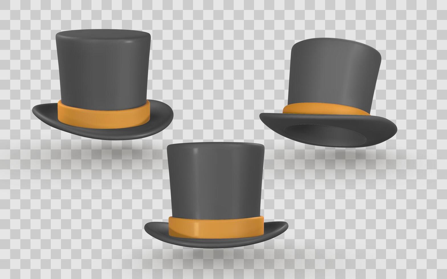 Top Hat with Orange Band 3D Realistic Style Black Gentleman Hat in Different Angles. Perfect for Holiday, Magic, or Costume Themes. Illustration vector