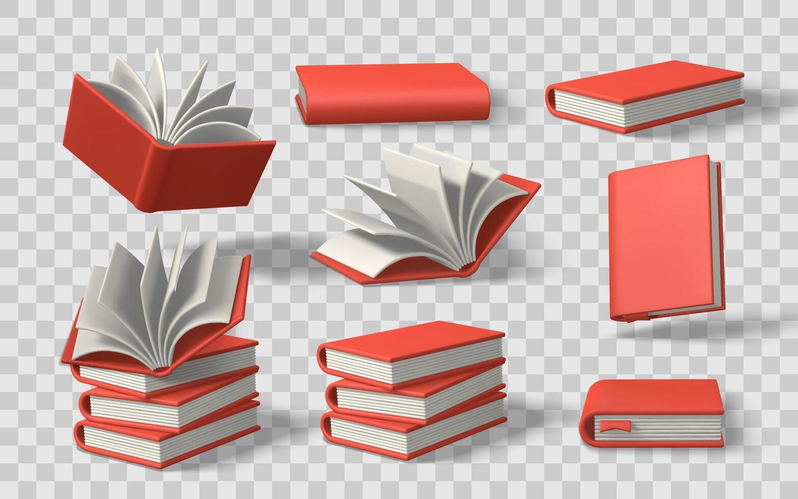Red Book Set in Various Positions with Open and Closed Pages. Ideal for Education, Library, and Reading Concepts. Illustration vector
