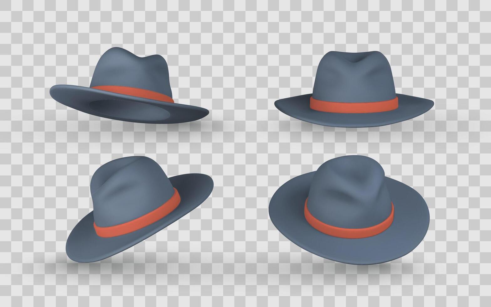 Fedora Hat Clipart Set with Red Band in Different Angles. Realistic 3D Style for Fashion, Costume, or Accessory Concepts. Illustration vector