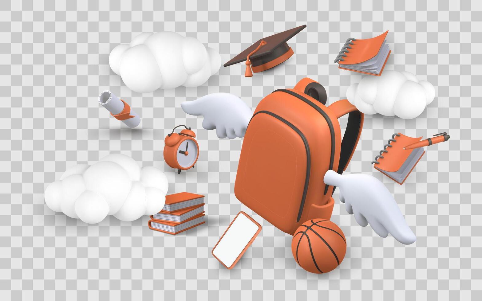 Back To School 3D Illustration Featuring Flying Backpack, Books, Clock, Diploma, and Graduation Cap in the Clouds. Fun Education Concept. Illustration vector