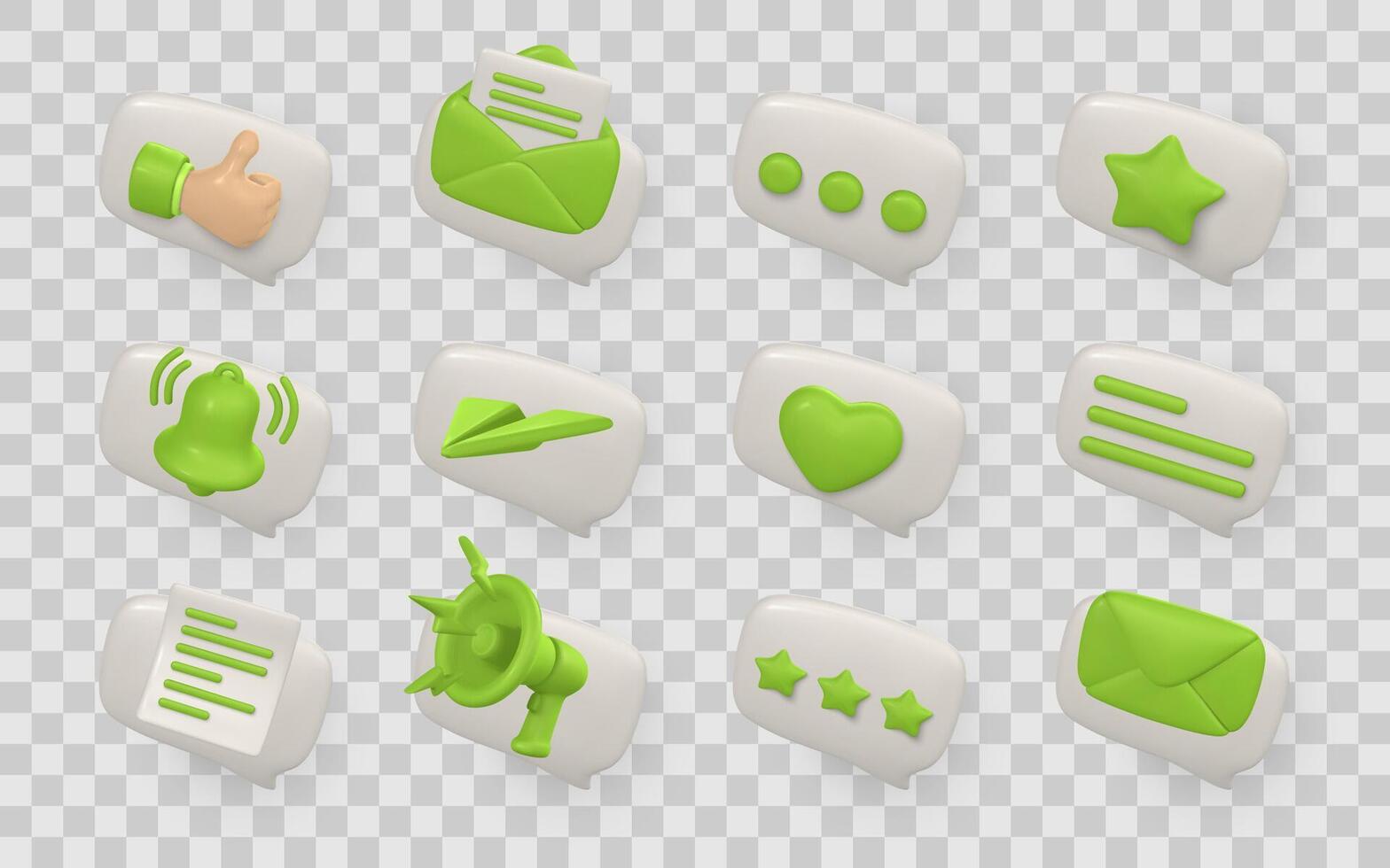 3D Social Media Icons Set with Thumbs Up, Messages, Email, Notifications, and More in Modern Green and White Style. Perfect for UI UX Design and App Interfaces. Illustration vector