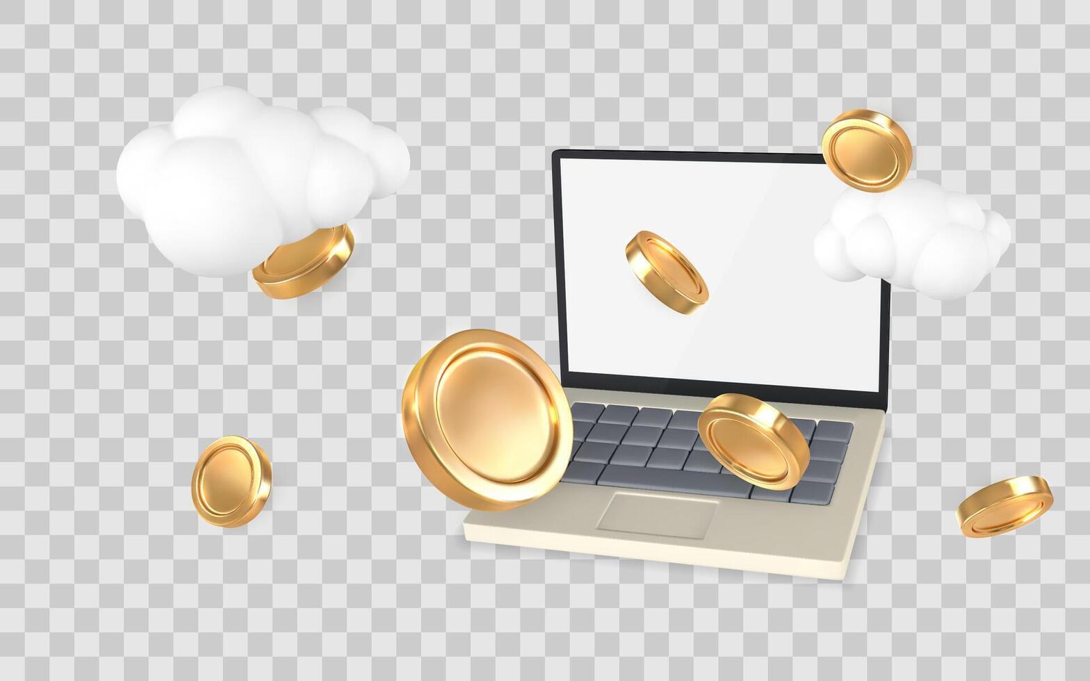 Laptop with Gold Coins and Cloud Elements Representing Online Income, Digital Finance, and Cloud Technology. Illustration vector