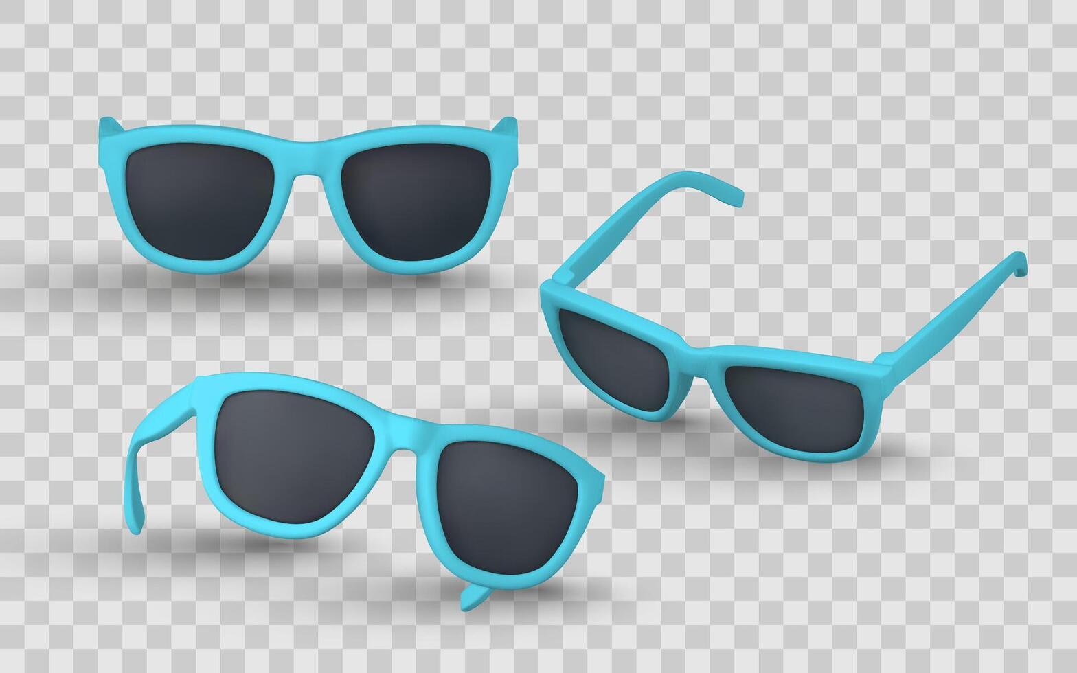 3D Blue Sunglasses in Different Angles with Black Lenses, Perfect for Summer, Fashion, or Accessories Design Projects. Illustration vector