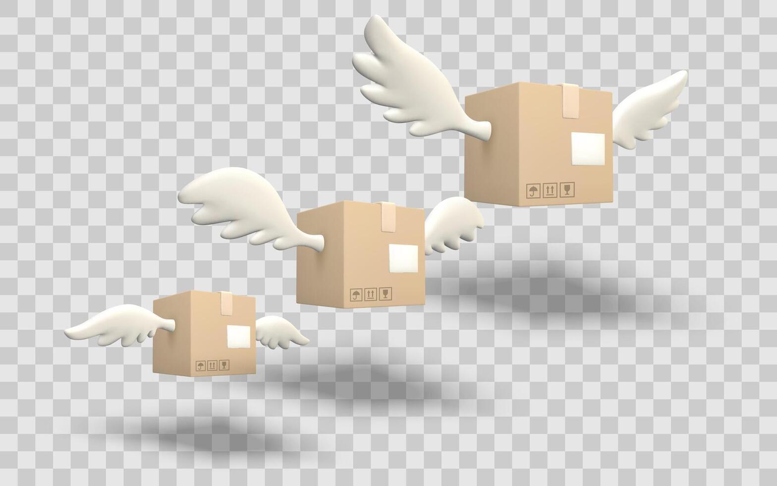 Flying Delivery Boxes With White Wings Isolated. Fast Shipping Concept, Cartoon Logistics And Air Freight Metaphor. 3D Illustration vector