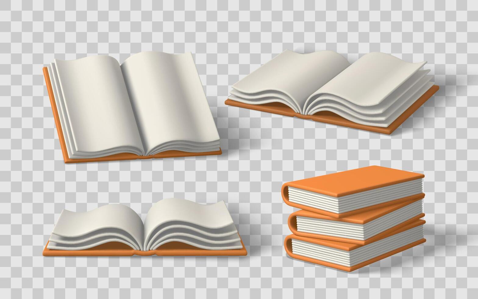 Books and Open Pages in Multiple Angles with Clean Orange Covers, Realistic 3D Style for Education, Reading, or Library Concepts. Great for Web or Editorial Design. Illustration vector