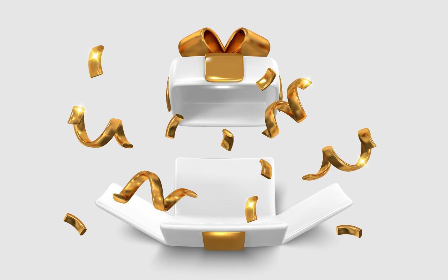 Gift Box with Golden Ribbon and Confetti Explosion. Elegant Surprise Present in White and Gold with Realistic 3D Style. Perfect for Celebration, Holiday or Luxury Design. Illustration vector