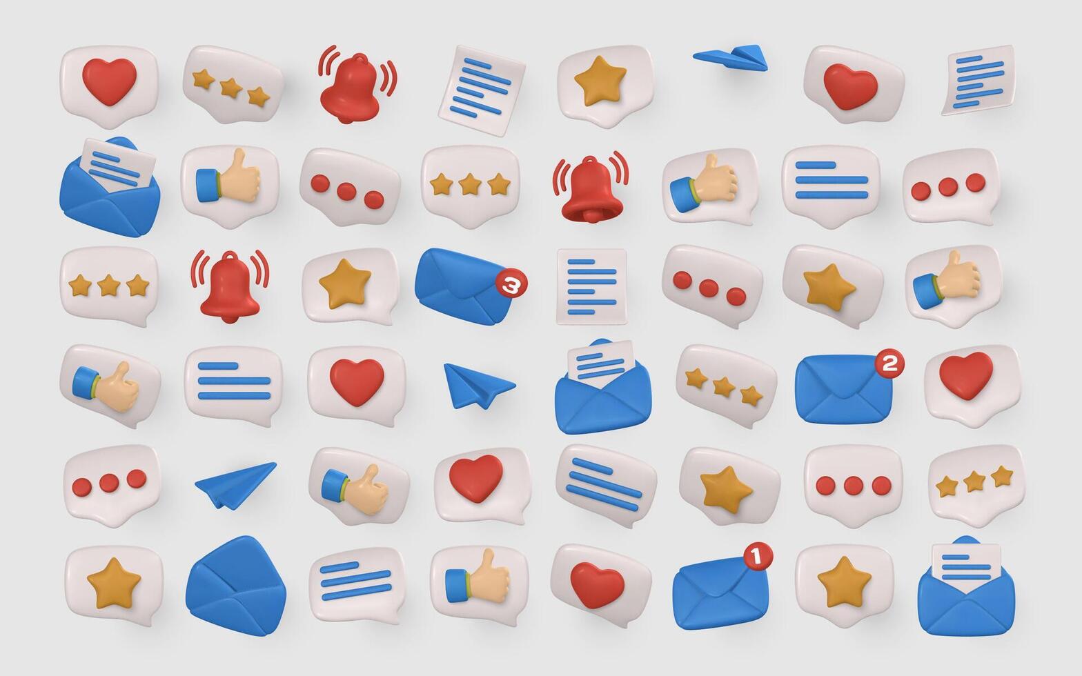 3D Notification, Message, Heart, Star, and Like Chat Icons in Glossy Cartoon Style for Social Media and Mobile App UI Design. Colorful Set on Light Background. Illustration vector