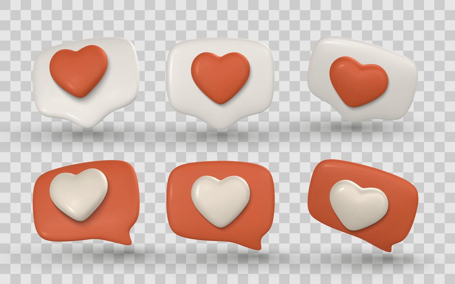 Heart Chat Bubbles in 3D Cartoon Style for Social Media and Love Reactions. Red and White Plastic Icons with Soft Shadows. Illustration vector