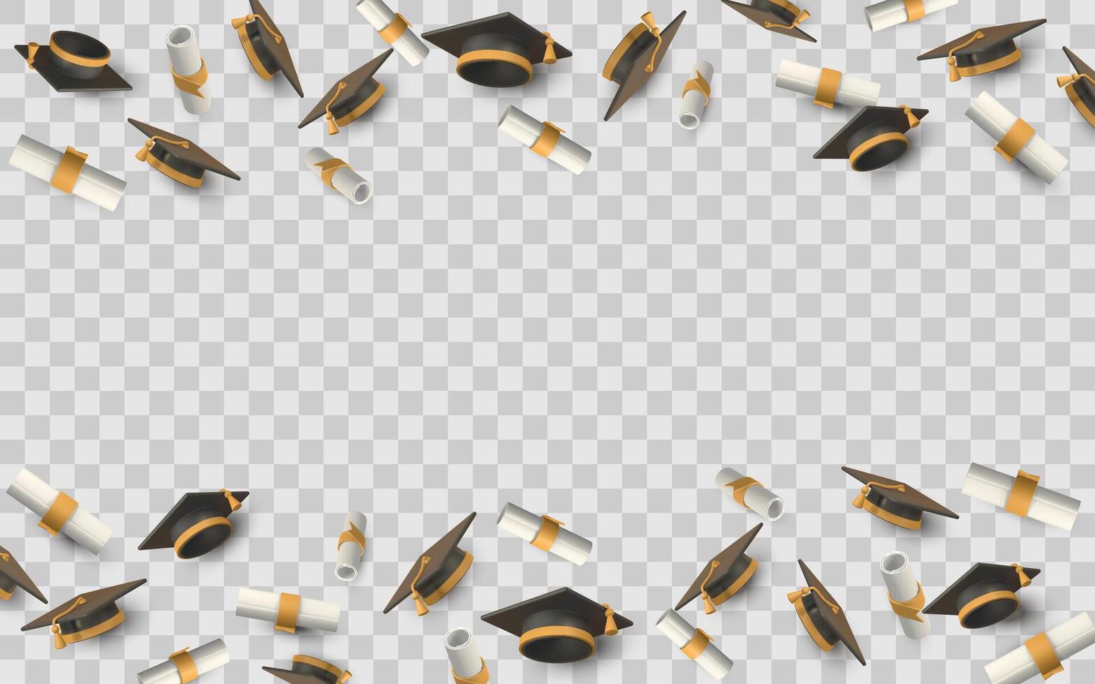 Graduation Background With 3D Diplomas and Caps Flying Around a Frame. Ideal for Ceremonies, Invitations, or Education Designs. Illustration vector
