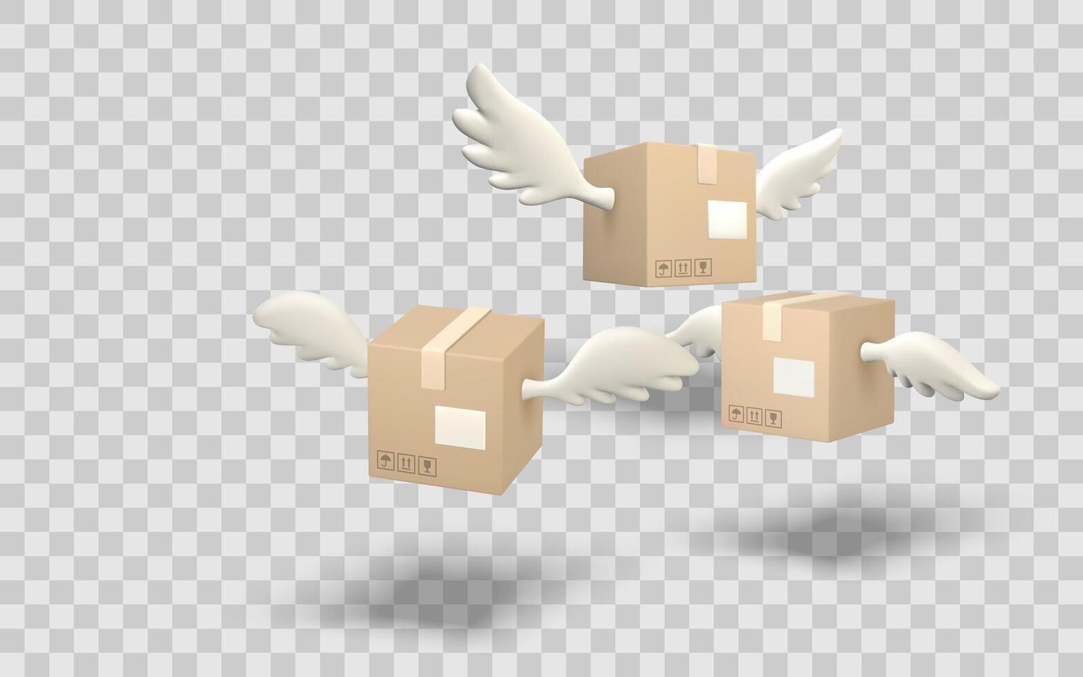 Flying Delivery Boxes with Wings in 3D Cartoon Style Representing Fast Shipping, Express Logistics, or Online Shopping Concept. Illustration vector