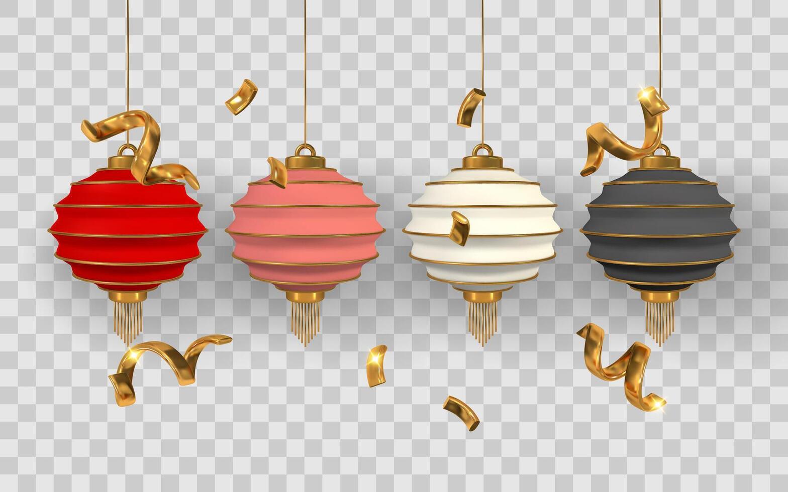 Chinese Lanterns with Golden Confetti for Lunar New Year, Festival, and Celebration Themes. Hanging 3D Style. Illustration vector