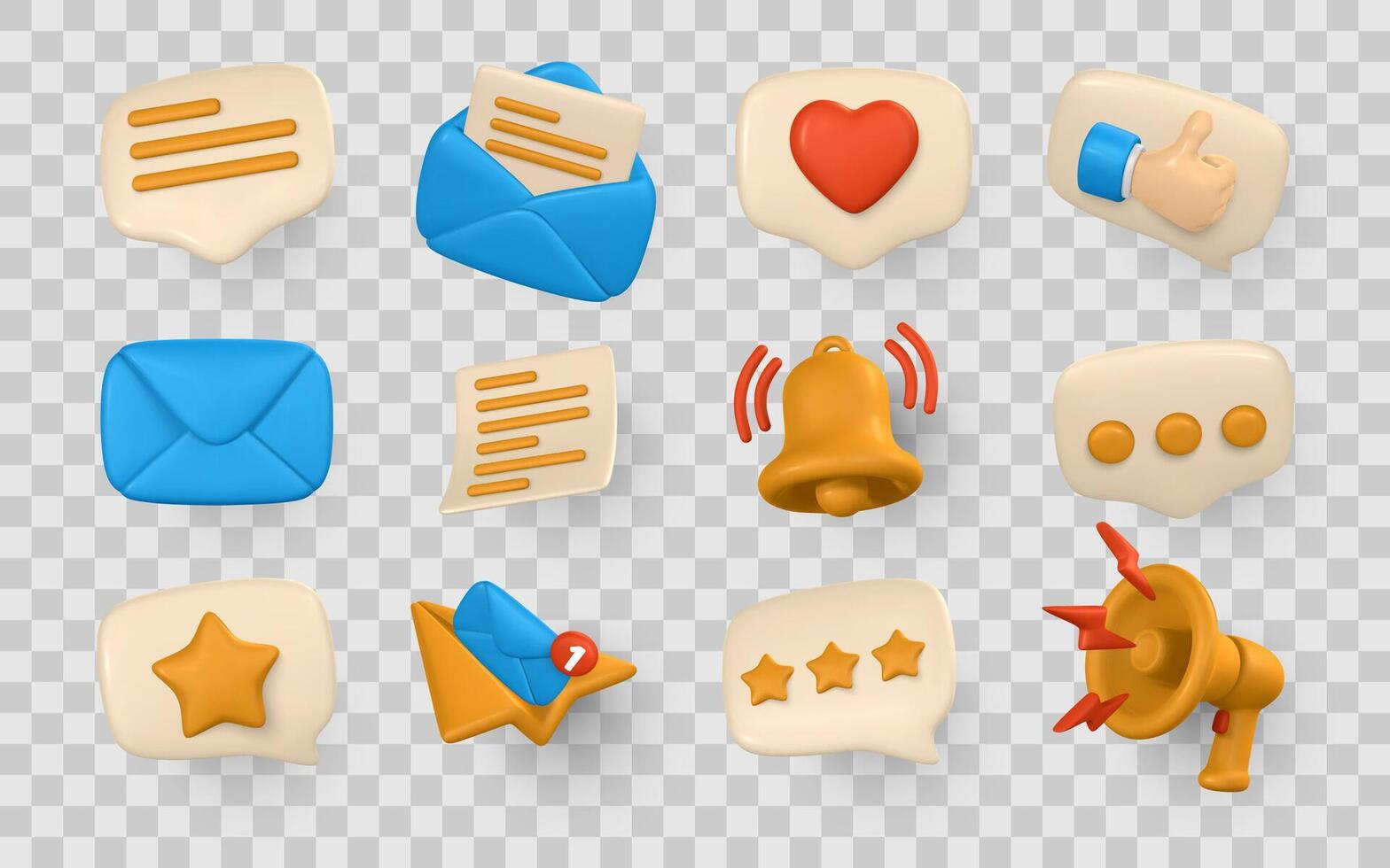 Social Media Icons, Notification Symbols, Like, Message, and Rating UI Elements in 3D Cartoon Style. Bright and Engaging User Interface Set. Illustration vector