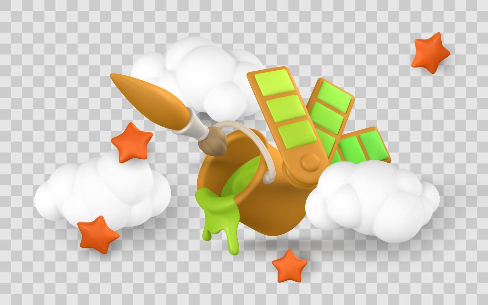 Paintbrush, Green Paint Bucket, and Color Palette in Cute 3D Cartoon Style with Stars and Clouds. Fun Art and Design Concept. Illustration vector