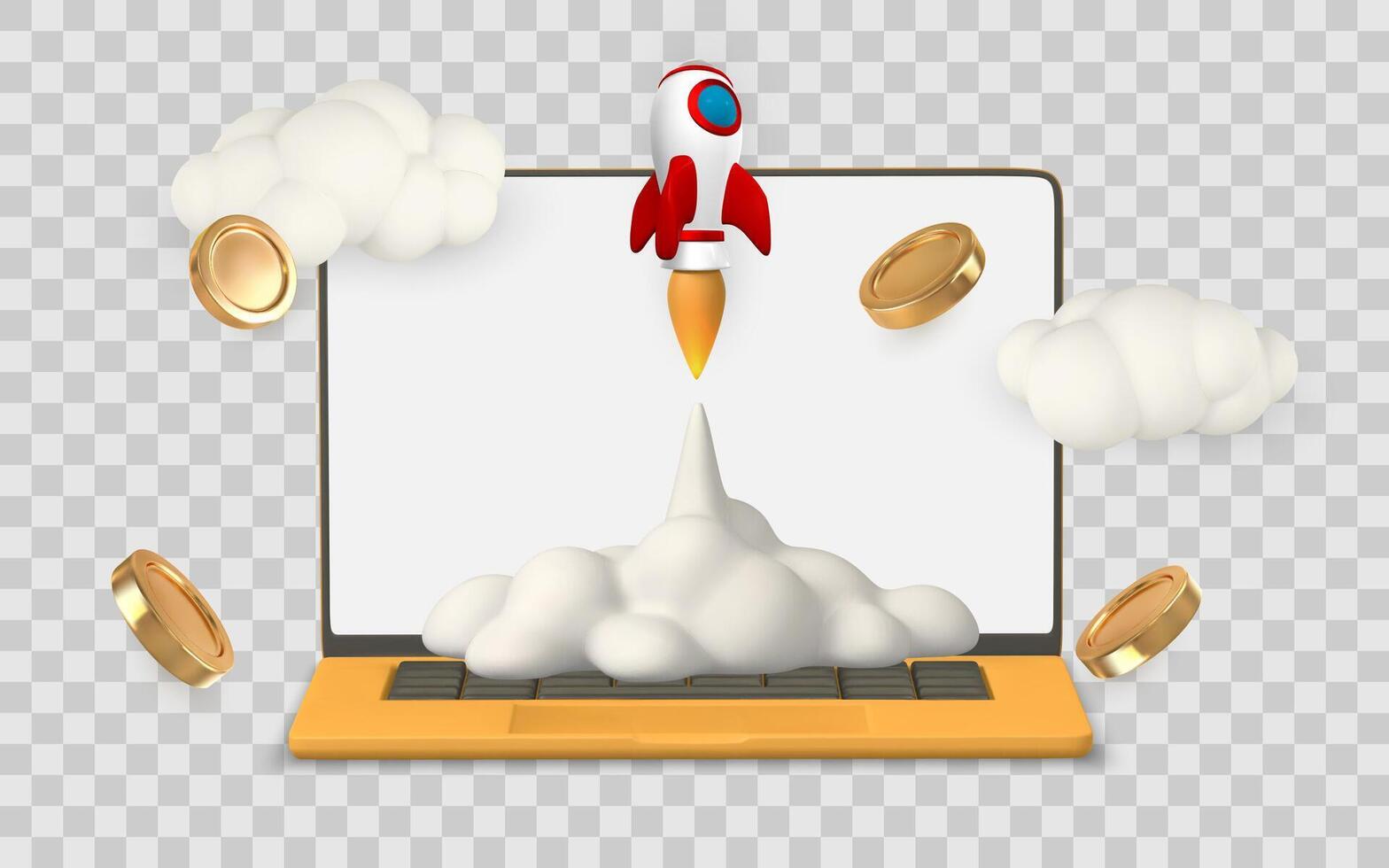 Startup Concept with Rocket Launching from Laptop, Surrounded by Clouds and Flying Coins. Perfect for Business, Tech, and Finance Themes. Illustration vector