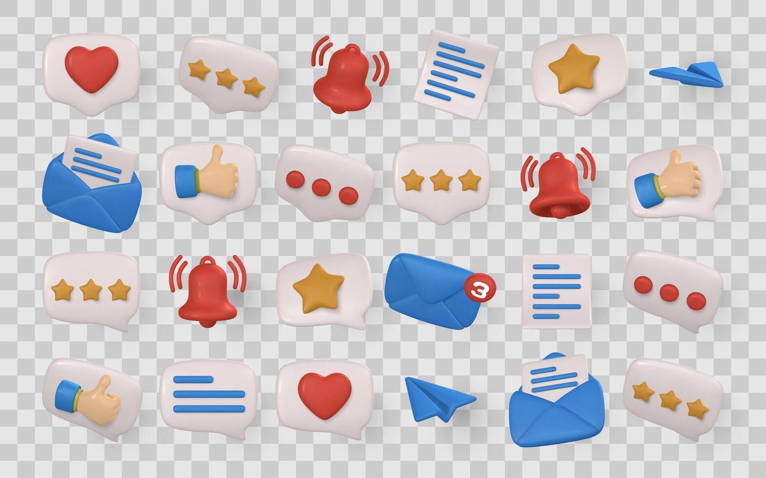 3D Chat and Message Icons Pack Speech Bubbles with Heart, Stars, Notification Bell, Email, Paper Plane and Thumbs Up. Perfect for UIUX and Social Media. Illustration vector