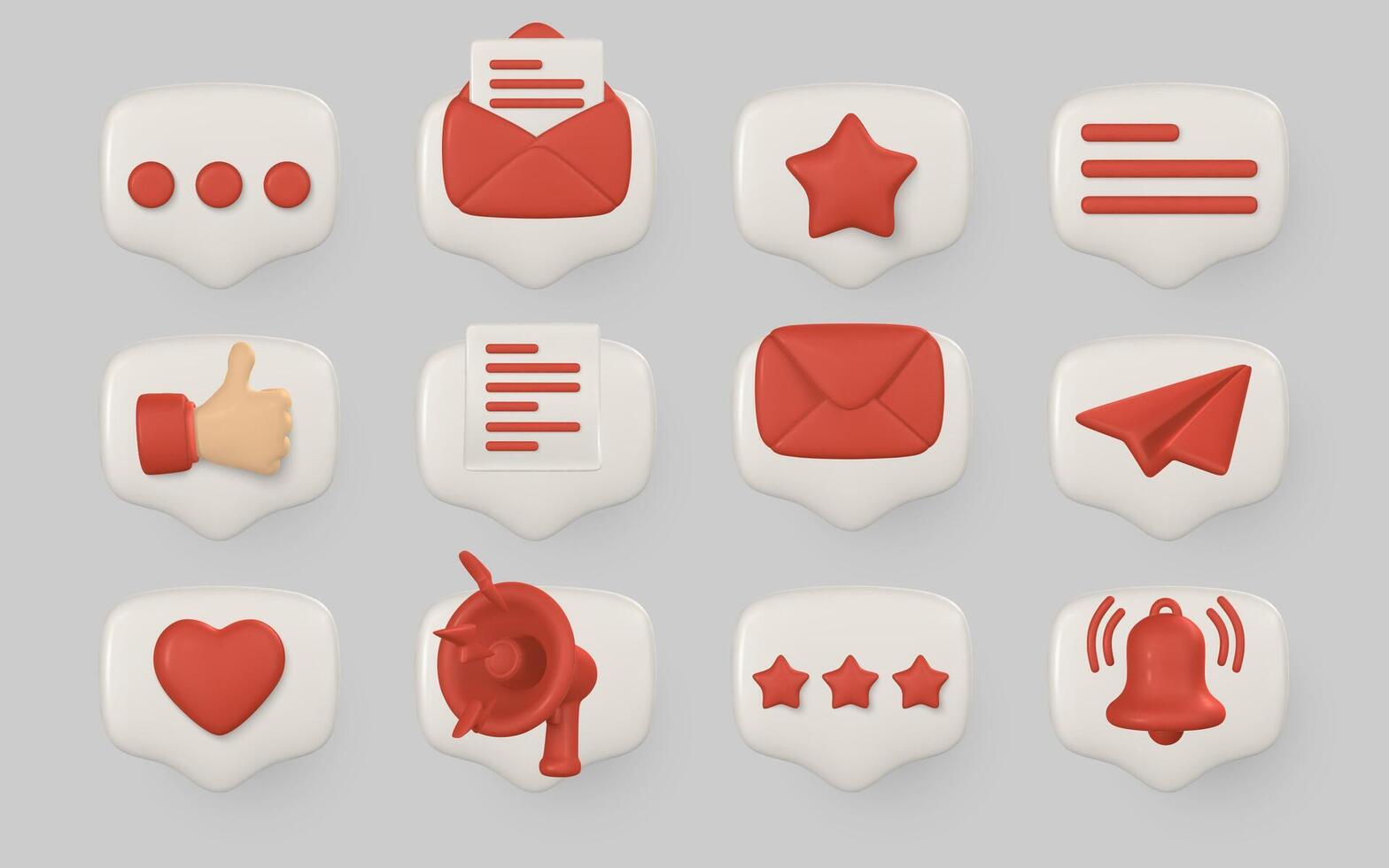 3D Chat and Social Media Icons Set in Speech Bubble Shapes Including Message, Like, Mail, Star, Heart, and Alert Symbols. Perfect for UIUX and App Design. Illustration vector