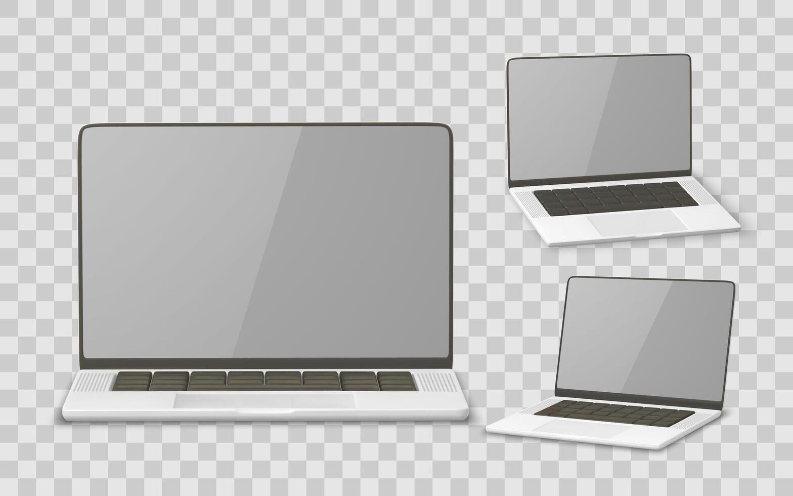 Laptop Mockup, Realistic Computer Device Template With Keyboard And Screen, Front And Isometric Views. Illustration vector