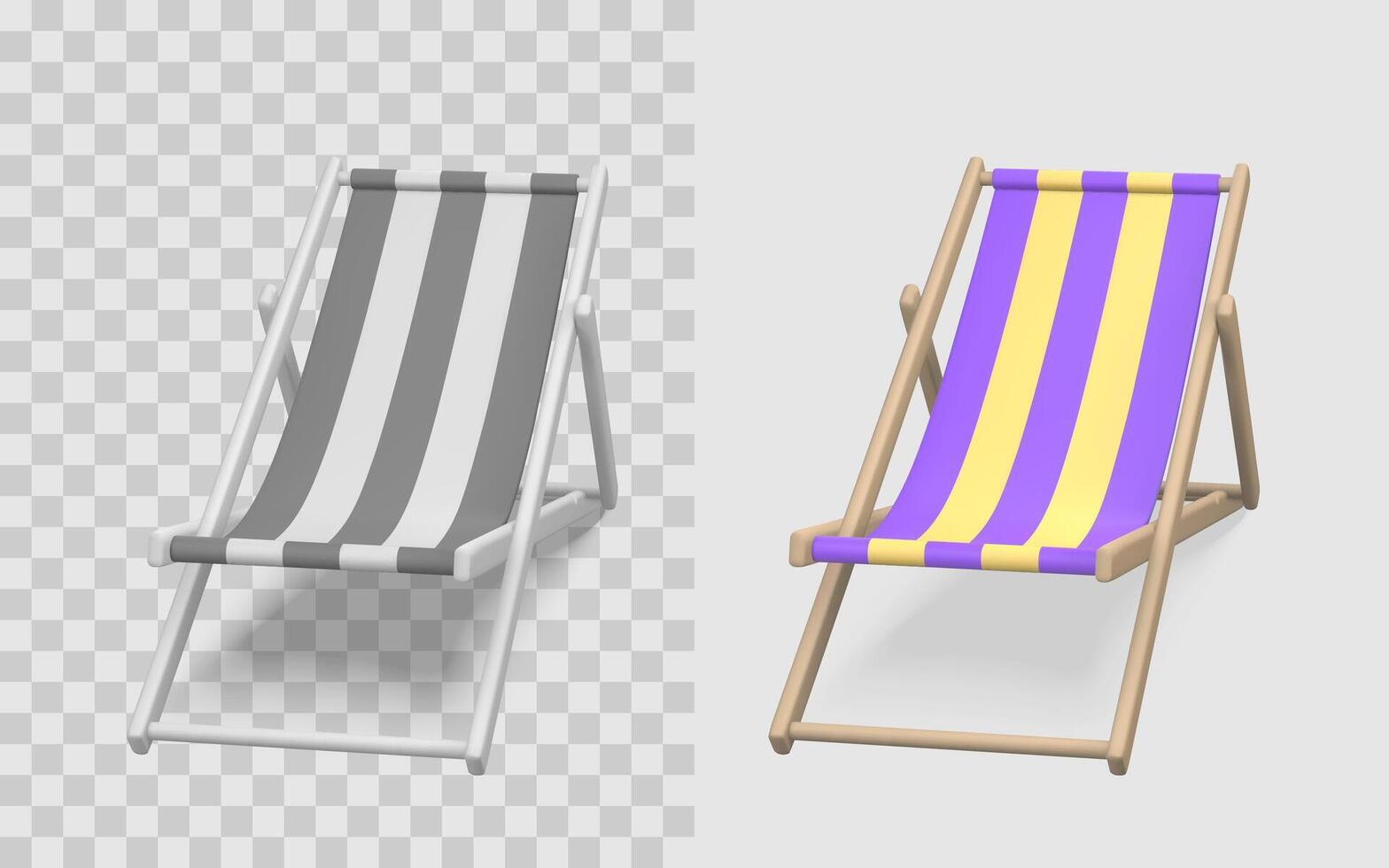 Deck Chair Icon With Striped Fabric in Gray and Purple Yellow Variants. Beach or Summer Vacation Concept. Modern Minimal 3D Render. Illustration vector