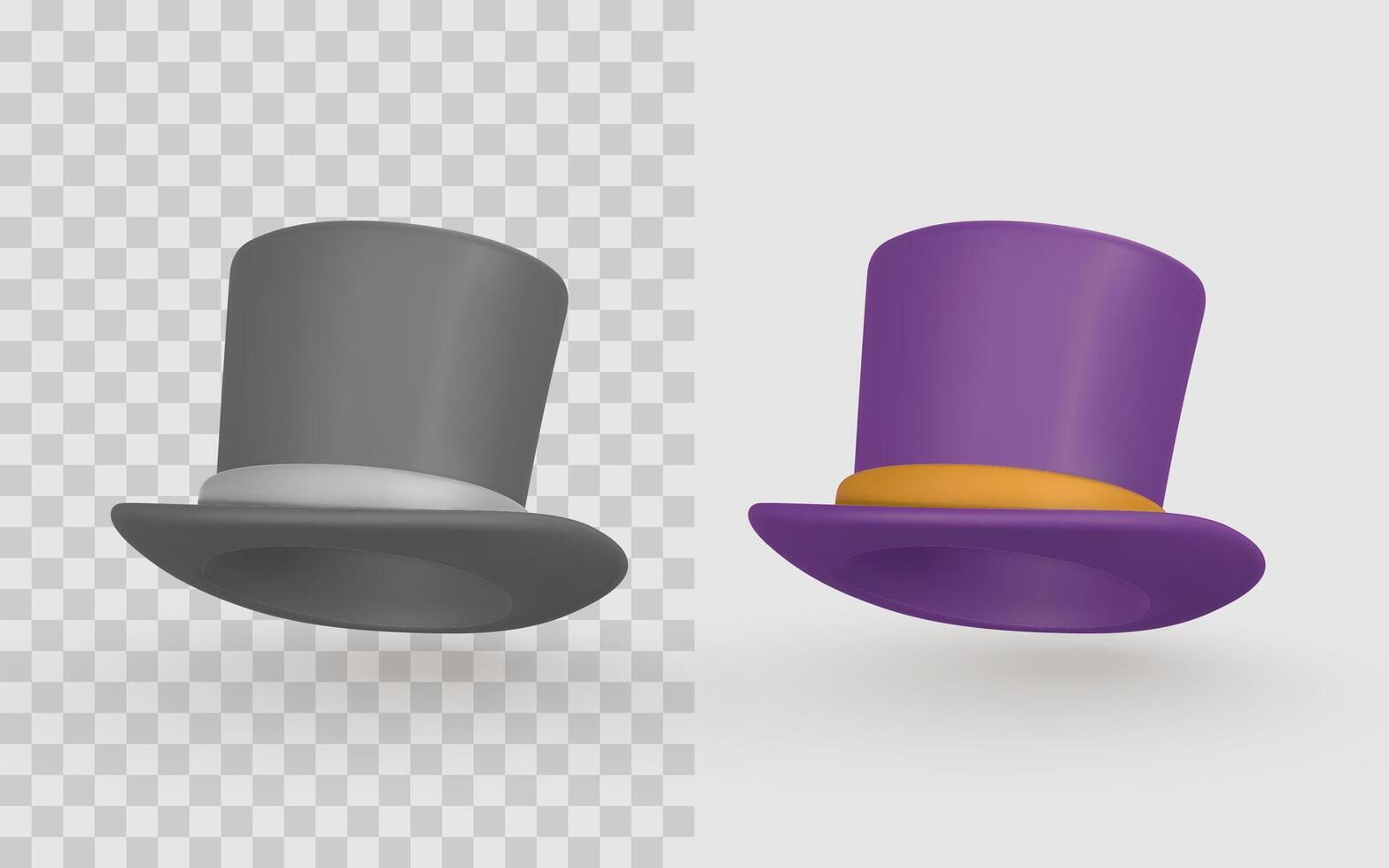 Top Hat Icon Set Featuring Classic Gray and Vibrant Purple Designs with Realistic Shadows and Highlights. Perfect for Game Assets or Magic Themes. Illustration vector