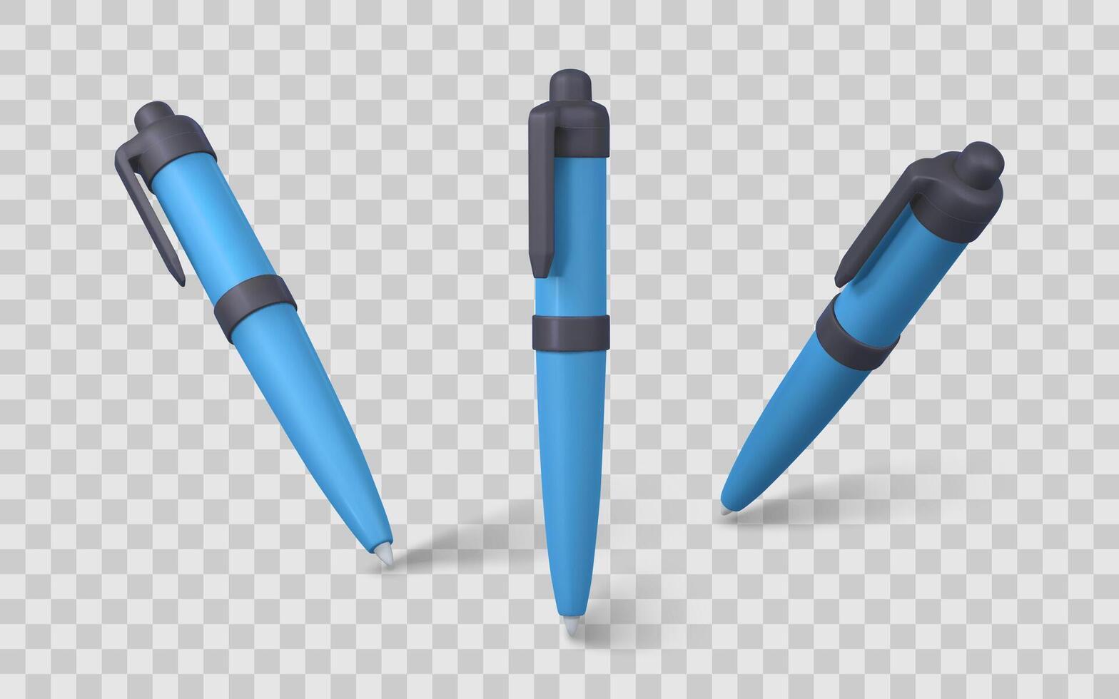 Blue Ballpoint Pen in 3D Style with Plastic Clip and Grip, Shown in Multiple Angles. Ideal for Office, Stationery, and School Design. Illustration vector