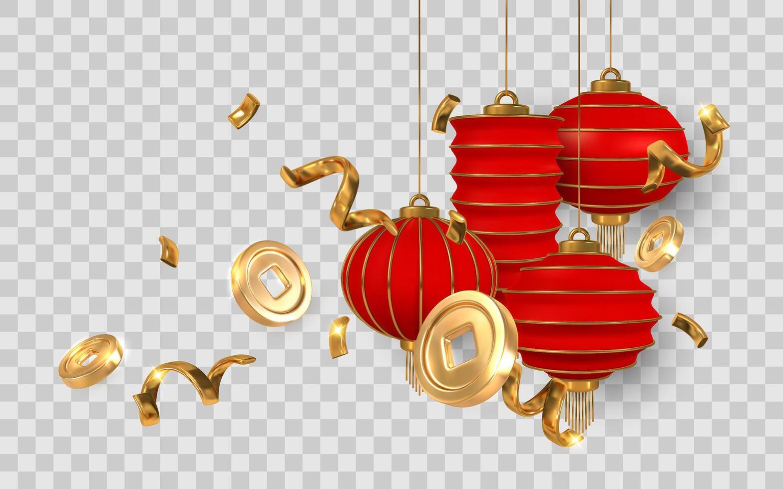 Chinese Lanterns with Golden Coins and Ribbons Celebrating Lunar New Year, Symbolizing Luck, Wealth, and Festivity. Ideal for Holiday Designs and Promotions. Illustration vector
