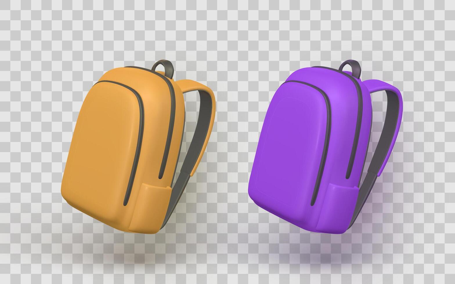 Backpack Icon Set Featuring Minimal 3D Cartoon Style in Bright Yellow and Purple Colors Perfect for School, Travel, and Lifestyle Projects. Illustration vector