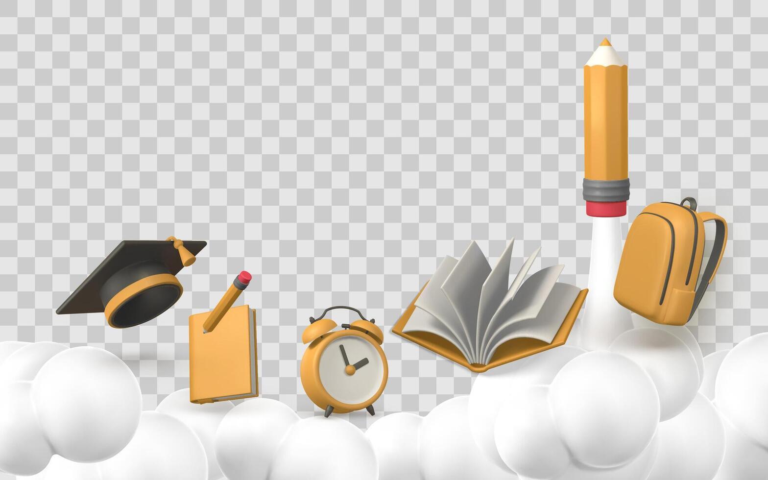 Education 3D Cartoon Icons with Pencil Rocket, Books, Backpack, Clock, and Graduation Cap on Clouds. Ideal for Learning and Back to School Concepts. Illustration vector