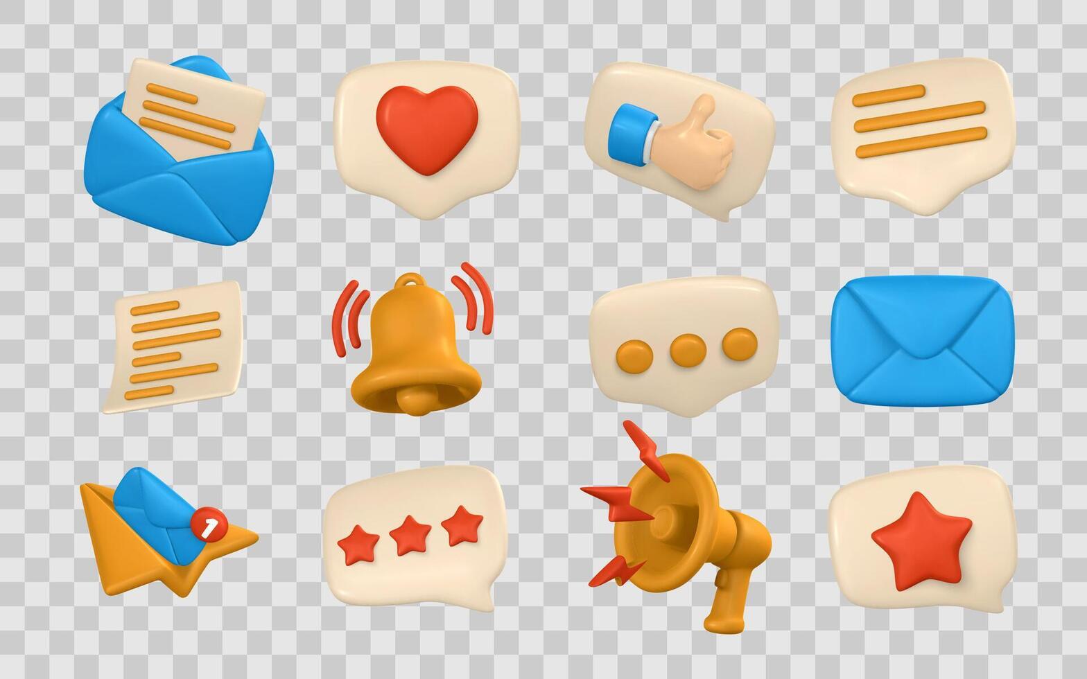 Social Media Icons and Notifications in 3D Cartoon Style, Including Mail, Chat, Like, Heart, Bell, Star, and Megaphone Symbols. Perfect for UI UX Design. Illustration vector