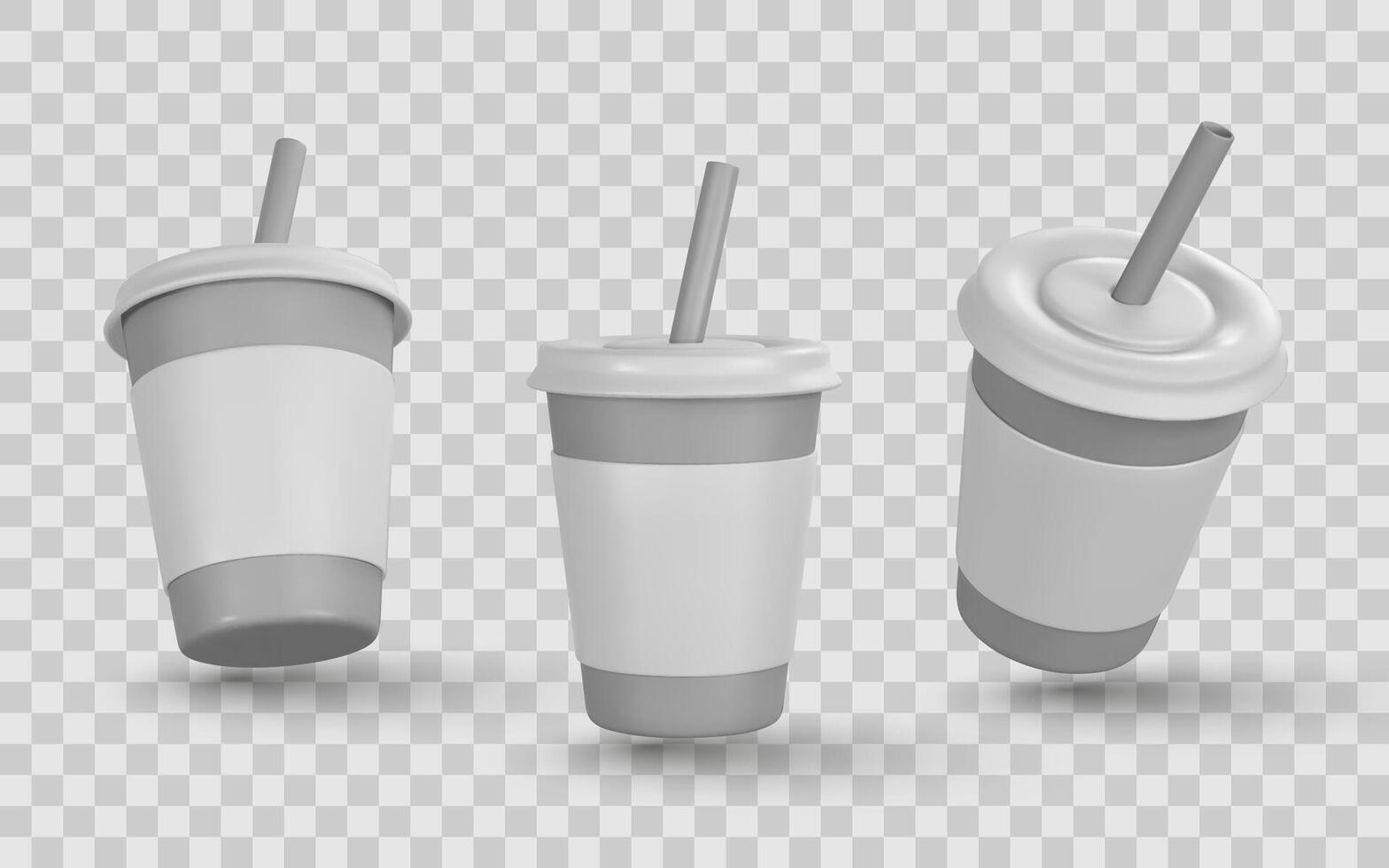 Realistic 3D Disposable Coffee Cups With Lids and Straws Floating. Perfect for Branding and Packaging Design. Illustration vector