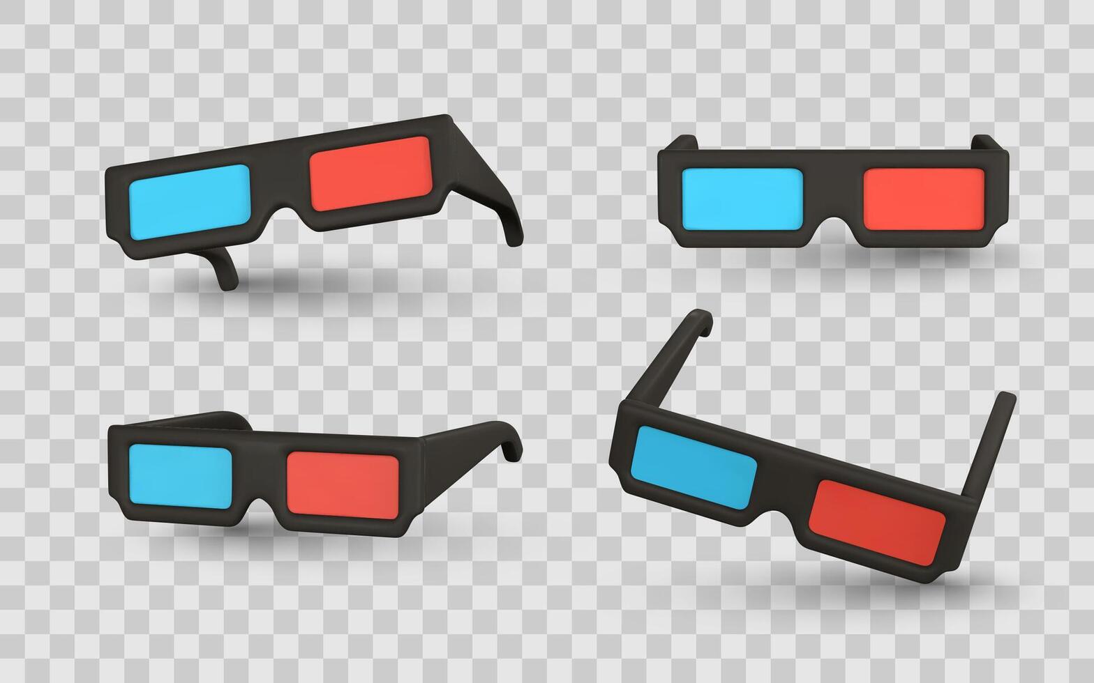 3D Movie Glasses with Red and Blue Lenses in Multiple Angles. Retro Anaglyph Cinema Eyewear for Entertainment and Pop Culture Design. Illustration vector